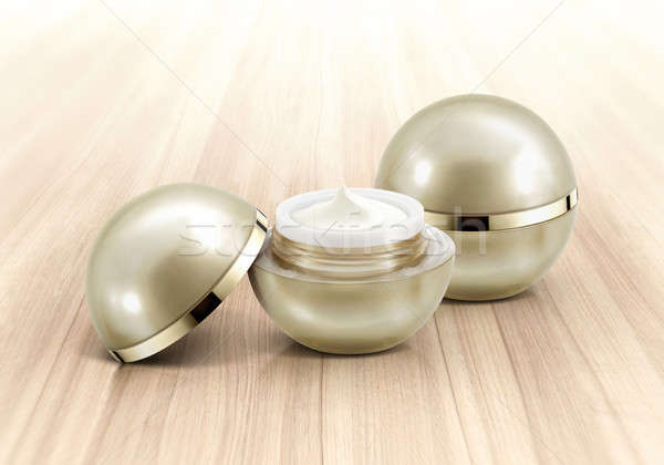 Stockfoto: Gouden · bol · cosmetische · jar · hout · achtergrond