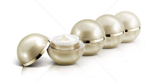 Foto stock: Vários · dourado · esfera · cosmético · jarra · branco