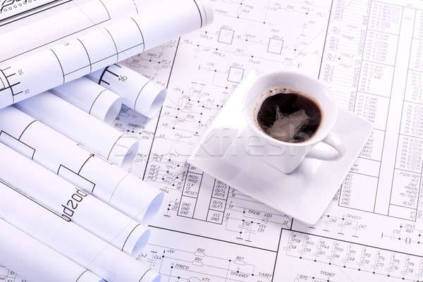 Stock photo: Cup of coffee and drawing