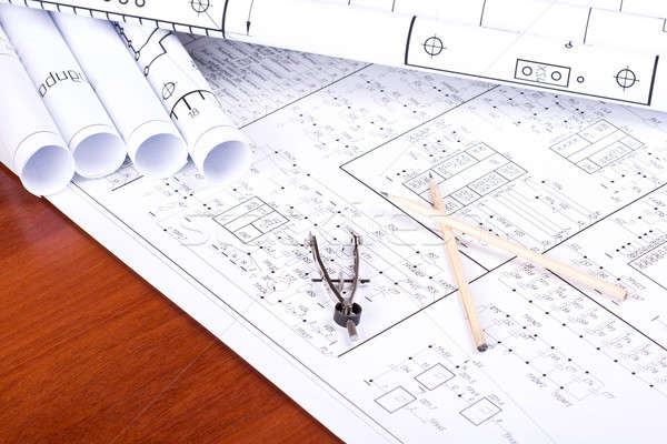 Blueprint, pencil and caliper Stock photo © a2bb5s