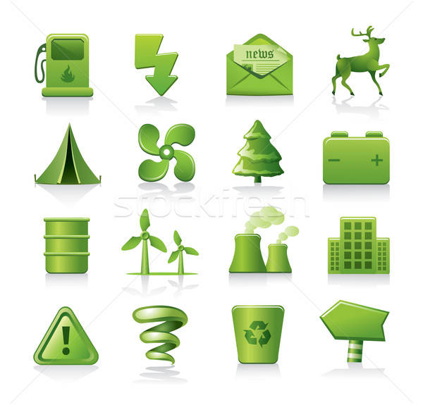 Zöld ikonok ökológia ikon gyűjtemény fa város Stock fotó © abdulsatarid