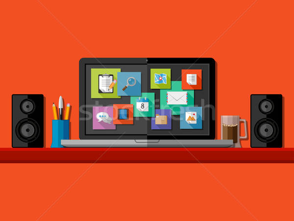 Számítógép munkahely terv internet kávé laptop Stock fotó © AbsentA