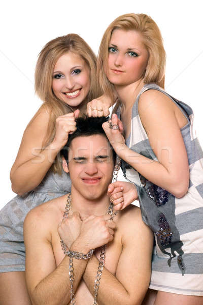 Two playful blonde and a guy in chains Stock photo © acidgrey
