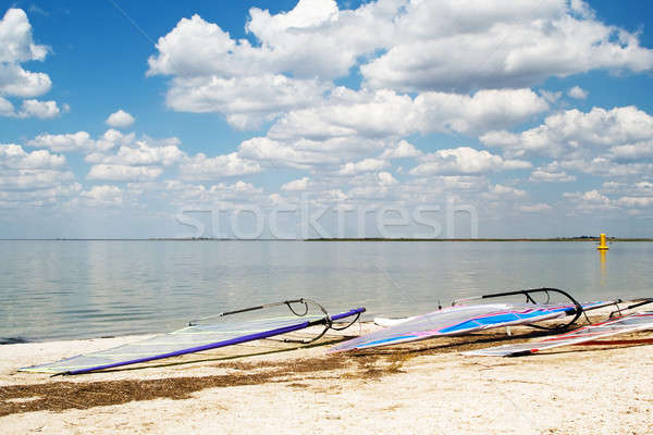 Surfboards on a beach a sea bay on background of the blue sky an Stock photo © acidgrey