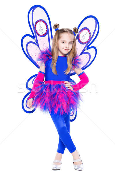 Foto stock: Gracioso · little · girl · posando · borboleta · vestir · isolado