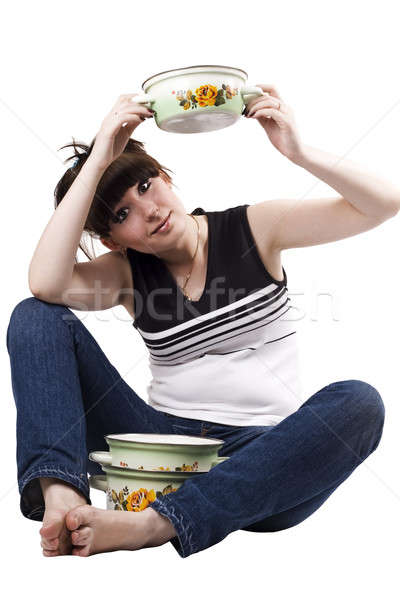 The mad housewife with saucepan. funny picture 2 Stock photo © acidgrey