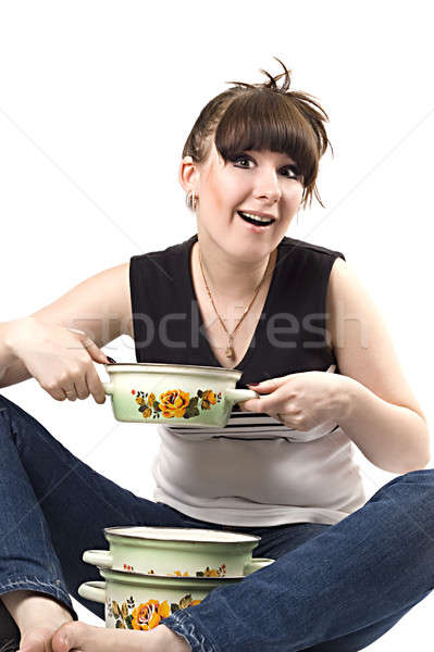 The mad housewife with saucepan. funny picture Stock photo © acidgrey