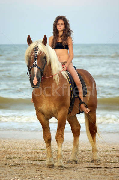 ストックフォト: 十代の少女 · ライディング · 馬 · 美しい · ビーチ · ファッション