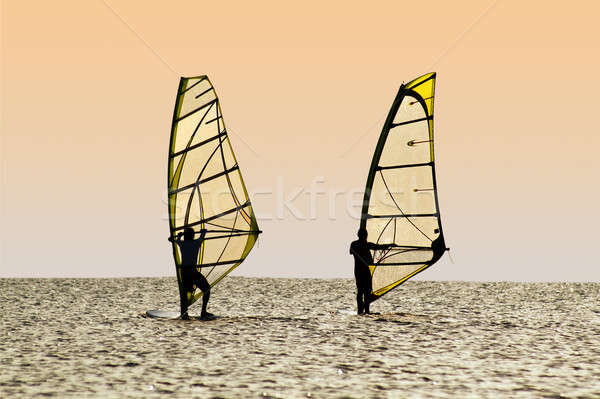 Silhouettes of two windsurfers on waves of a gulf  Stock photo © acidgrey