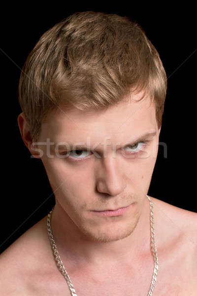 Stock foto: Launisch · junger · Mann · Porträt · isoliert · schwarz