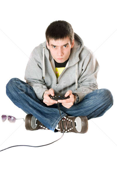 Junger Mann Joystick Spiel trösten isoliert weiß Stock foto © acidgrey