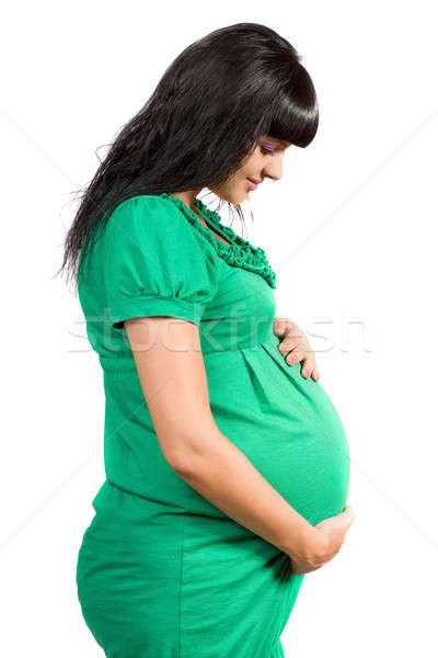 Portret gravidă fata de fericit verde rochie femeie Imagine de stoc © acidgrey