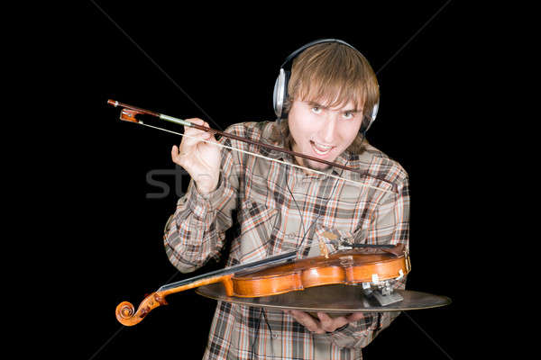 Junger Mann Kopfhörer Violine funny Essen Tool Stock foto © acidgrey