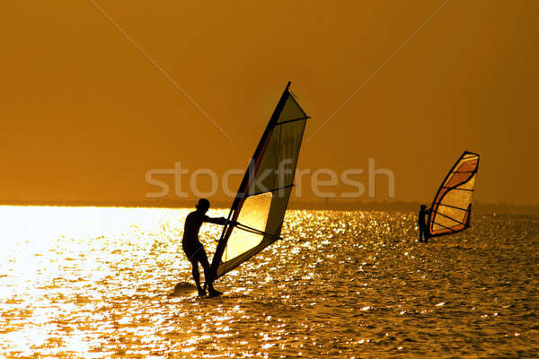 Kettő sziluettek tengerpart tenger nyár narancs Stock fotó © acidgrey
