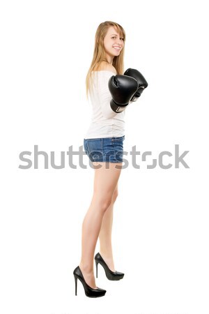 Stockfoto: Blond · vrouw · gelukkig · vrouw · glimlachen · poseren · bokshandschoenen