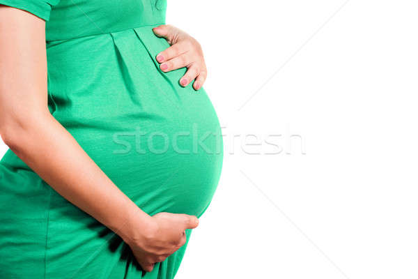 Foto stock: Barriga · grávida · menina · verde · vestir · isolado