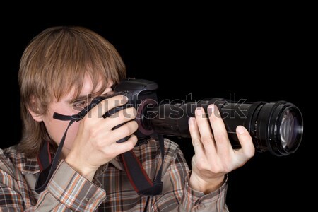 Tineri fotograf aparat foto zoom obiectiv negru Imagine de stoc © acidgrey