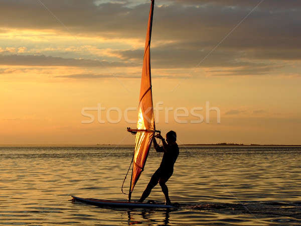 Silhouette of a wind-surfer on waves of a gulf on a sunset 2 Stock photo © acidgrey