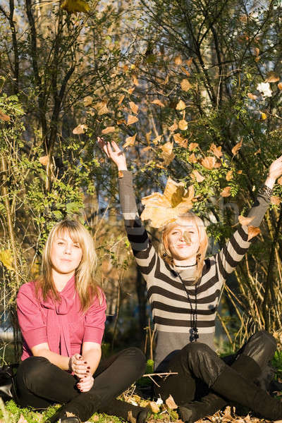 Two beauty young women in autumn park Stock photo © acidgrey