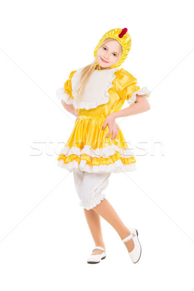 Foto stock: Juguetón · nina · posando · pollo · traje · aislado