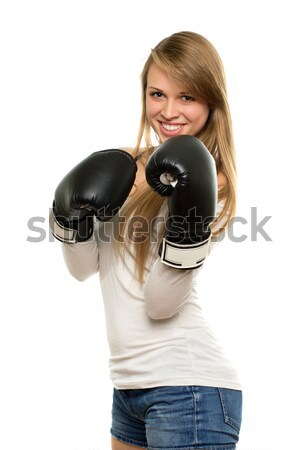 молодые блондинка боксерские перчатки белая блузка Сток-фото © acidgrey