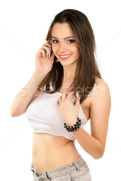 Csinos derűs hölgy portré beszél telefon Stock fotó © acidgrey