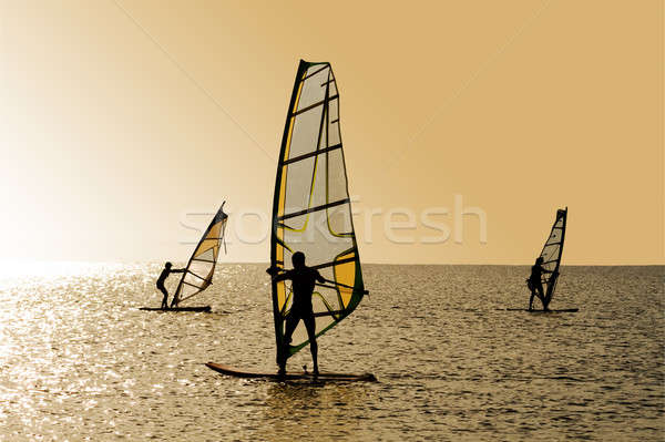 Silhouettes of three windsurfers on waves of a gulf Stock photo © acidgrey