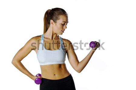 Fitness model bruneta afara mic greutăţi Imagine de stoc © actionsports