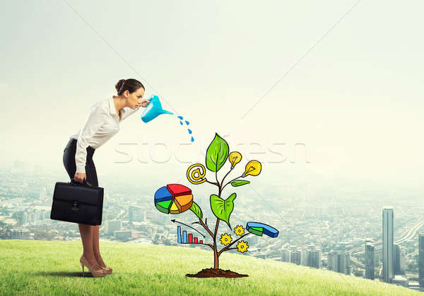 Young businesswoman outdoors watering drawn growth concept with can Stock photo © adam121