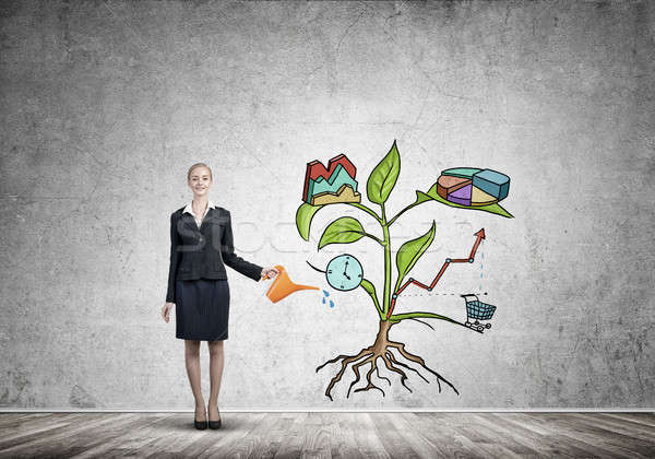 Young businesswoman in empty room watering drawn growth concept with can Stock photo © adam121