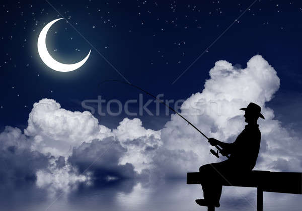 釣魚 夜 側影 男子 坐在 橋 商業照片 © adam121