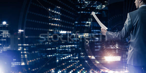 Digital background with infographs and man extending papers or c Stock photo © adam121