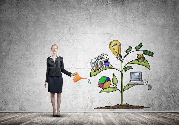 Young businesswoman in empty room watering drawn growth concept with can Stock photo © adam121