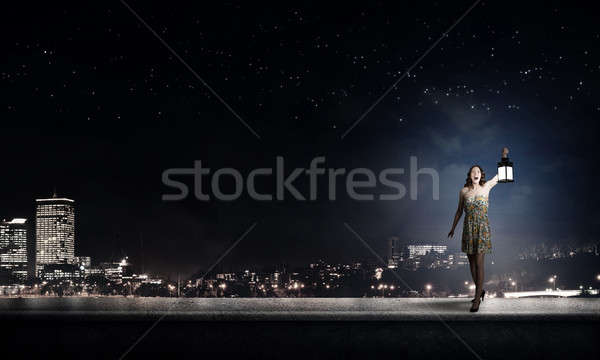 Stockfoto: Meisje · verloren · duisternis · jonge · vrouw · groene · jurk