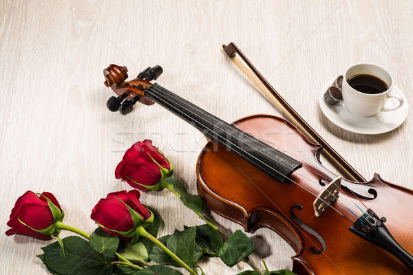Violin, rose, coffee and music books Stock photo © adam121