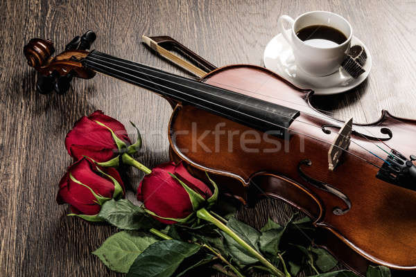Stock photo: Violin, rose, coffee and music books