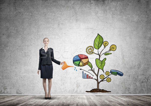 Young businesswoman in empty room watering drawn growth concept with can Stock photo © adam121