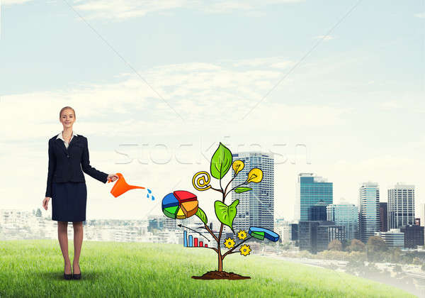 Jungen Geschäftsfrau Freien Bewässerung gezeichnet Wachstum Stock foto © adam121