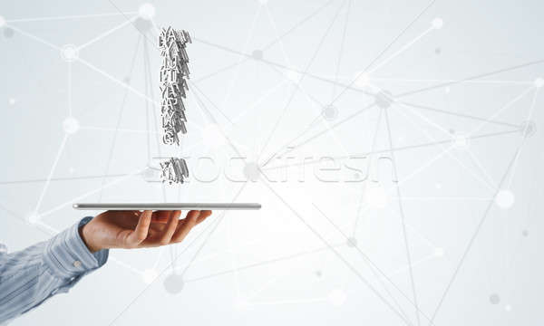 Felkiáltójel tabletta kéz üzletember mutat táblagép Stock fotó © adam121