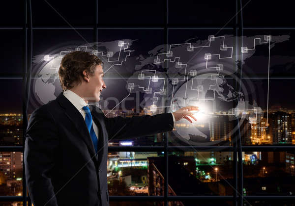 Stockfoto: Zakenman · moderne · achteraanzicht · werken · virtueel