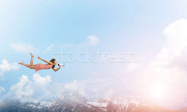 Szabad expressz fiatal nő megafon repülés magas Stock fotó © adam121