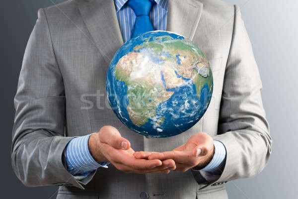 Foto stock: Empresário · para · cima · planeta · terra · elementos · imagem · homem