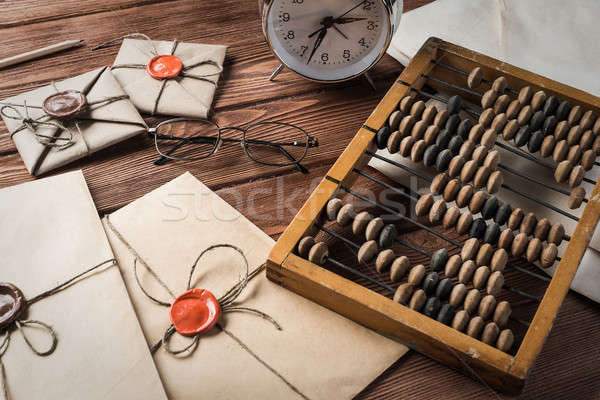 Traditioneel business vintage abacus wekker houten tafel Stockfoto © adam121