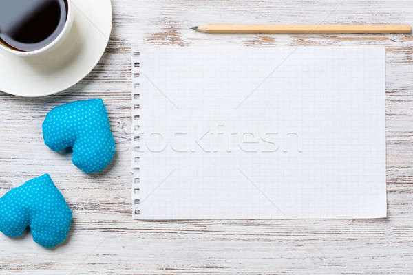 Stockfoto: Bekentenis · valentijnsdag · koffiekopje · notepad · potlood · twee