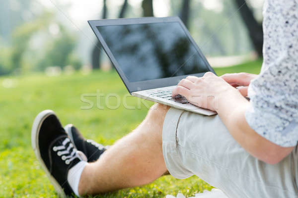 Stock foto: Junger · Mann · arbeiten · Park · Laptop · Sitzung · Gras