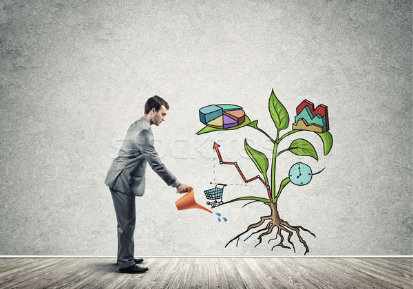 Young businessman in empty room watering drawn growth concept wi Stock photo © adam121