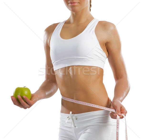 Foto stock: Jovem · mulher · verde · maçã