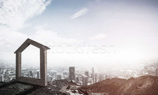 Conceptual image of concrete home sign on hill and natural lands Stock photo © adam121