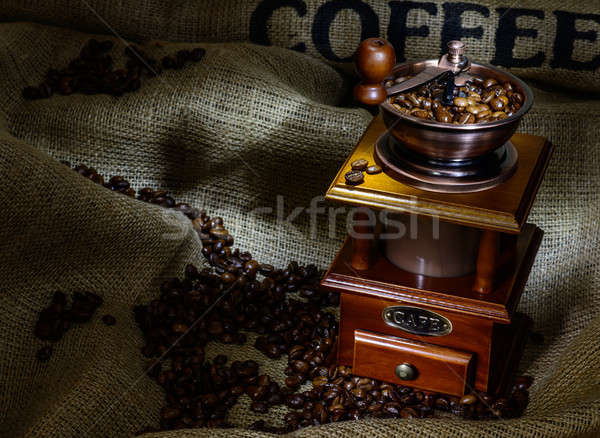 ストックフォト: コーヒー · ミル · 豆 · 黄麻布 · 静物 · 木材