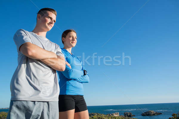 Sabah çalıştırmak genç aktif çift koşucuların Stok fotoğraf © adam121